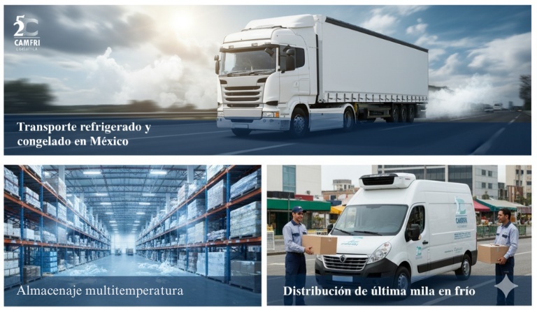 Infografía de los servicios de CAMFRI. Muestra Transporte refrigerado y congelado en México, Almacenaje multitemperatura y Distribución de última milla en frío.