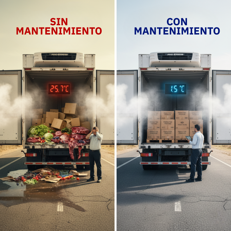 comparación visual dividida en dos paneles que ilustran vívidamente el impacto del mantenimiento en el transporte refrigerado