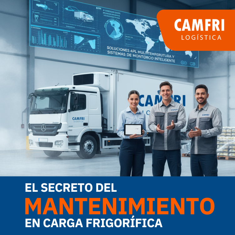 Un camión de transporte refrigerado moderno y limpio en movimiento, con un ligero efecto de frío o vapor saliendo discretamente de la unidad. El entorno podría ser una carretera al atardecer o amanecer, transmitiendo movimiento y confiabilidad.
