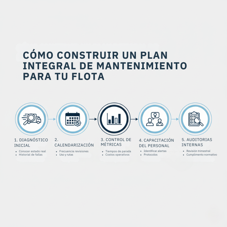 infografía clara y concisa titulada "CÓMO CONSTRUIR UN PLAN INTEGRAL DE MANTENIMIENTO PARA TU FLOTA". Presenta un proceso de cinco pasos interconectados, organizados horizontalmente con un flujo de flechas que indican la secuencia. Cada paso está representado por un número, un ícono distintivo, un título y una breve descripción.